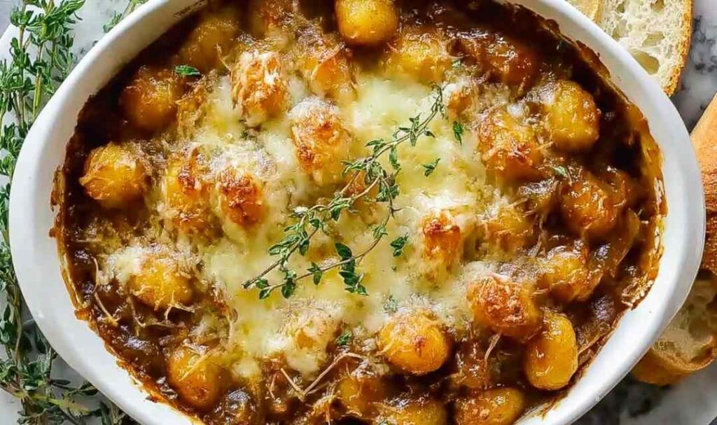 Baked French onion gnocchi in a cast iron skillet with bubbly golden Gruyere cheese and fresh thyme