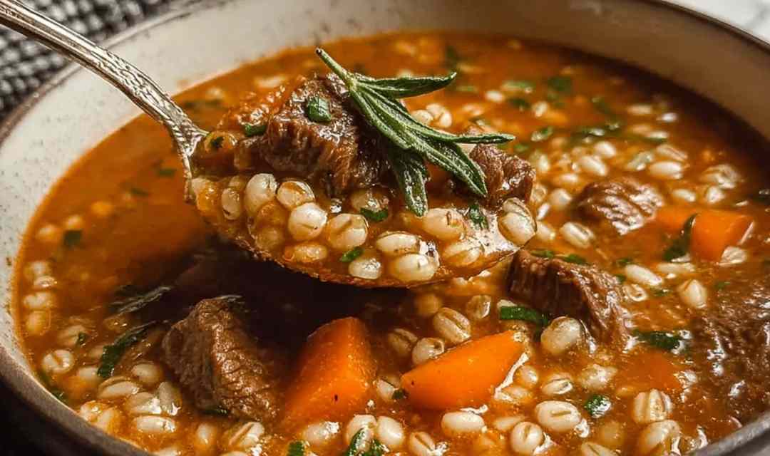 A bowl of hearty beef barley soup with tender beef chunks, pearl barley, carrots, and celery in a rich savory broth garnished with fresh parsley