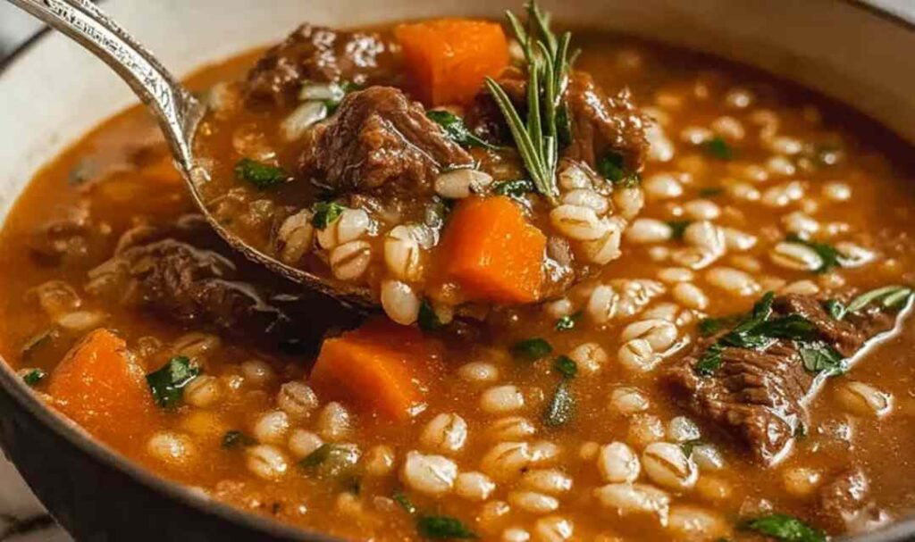 A bowl of hearty beef barley soup with tender beef chunks, pearl barley, carrots, and celery in a rich savory broth garnished with fresh parsley