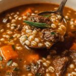 A bowl of hearty beef barley soup with tender beef chunks, pearl barley, and vegetables in a rich brown broth, garnished with fresh parsley