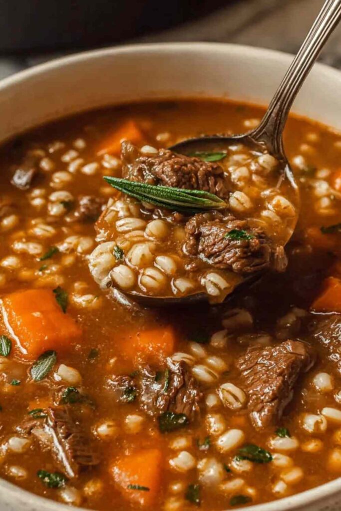A bowl of hearty beef barley soup with tender beef chunks, pearl barley, and vegetables in a rich brown broth, garnished with fresh parsley