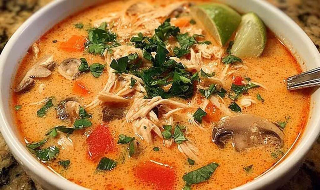 Bowl of Thai chicken soup with coconut milk broth, fresh cilantro, and green onions on a wooden table