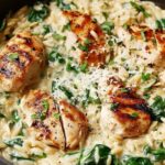 Boursin orzo with chicken in a skillet topped with fresh basil and Parmesan