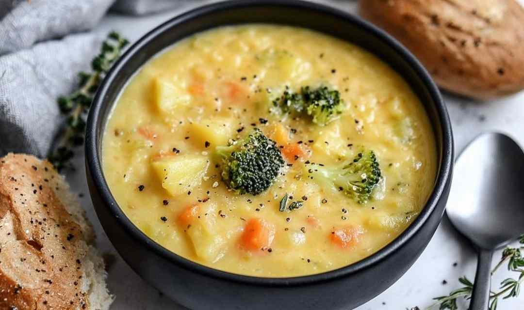 Creamy broccoli potato cheese soup in a white bowl topped with shredded cheddar and fresh broccoli florets