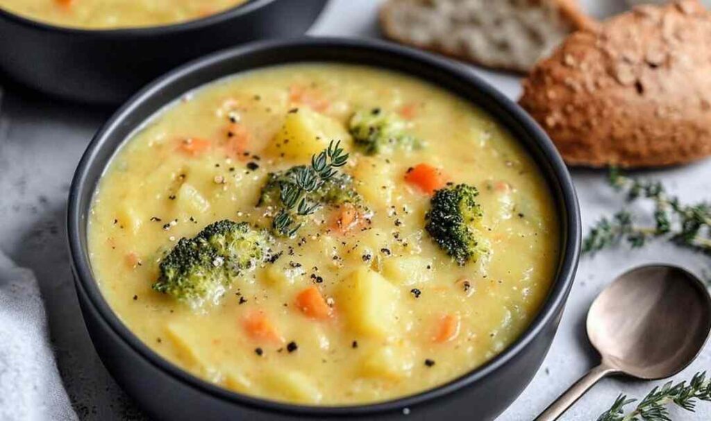 Creamy broccoli potato cheese soup in a white bowl topped with shredded cheddar and fresh broccoli florets