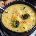 Creamy broccoli potato cheese soup in a white bowl topped with shredded cheddar and fresh broccoli florets