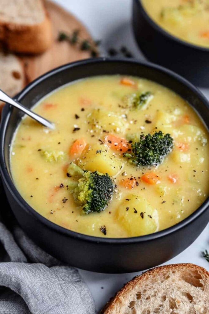 Creamy broccoli potato cheese soup in a white bowl topped with shredded cheddar and fresh broccoli florets