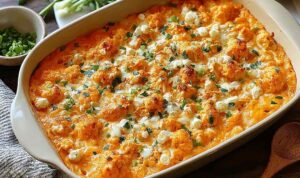 Buffalo Chicken Cauliflower Casserole in a white baking dish topped with melted cheddar and green onions