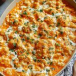 Buffalo Chicken Cauliflower Casserole in a white baking dish topped with melted cheddar and green onions
