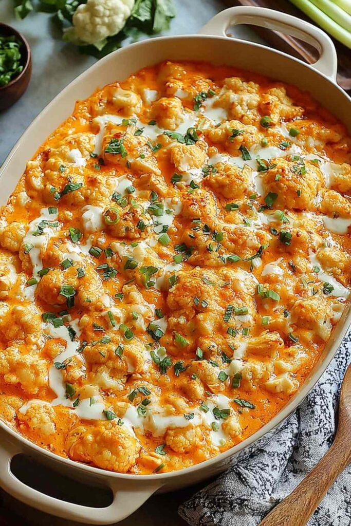 Buffalo Chicken Cauliflower Casserole in a white baking dish topped with melted cheddar and green onions