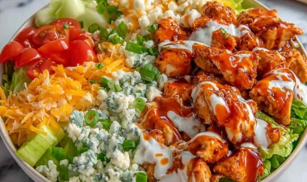 Buffalo Chicken Protein Bowl with shredded buffalo chicken, quinoa, cherry tomatoes, avocado, and ranch dressing