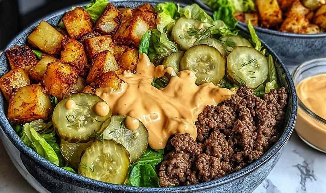 Burger bowl with juicy seasoned ground beef, chopped romaine lettuce, cherry tomatoes, dill pickles, shredded cheddar cheese, and creamy special sauce in a white bowl.