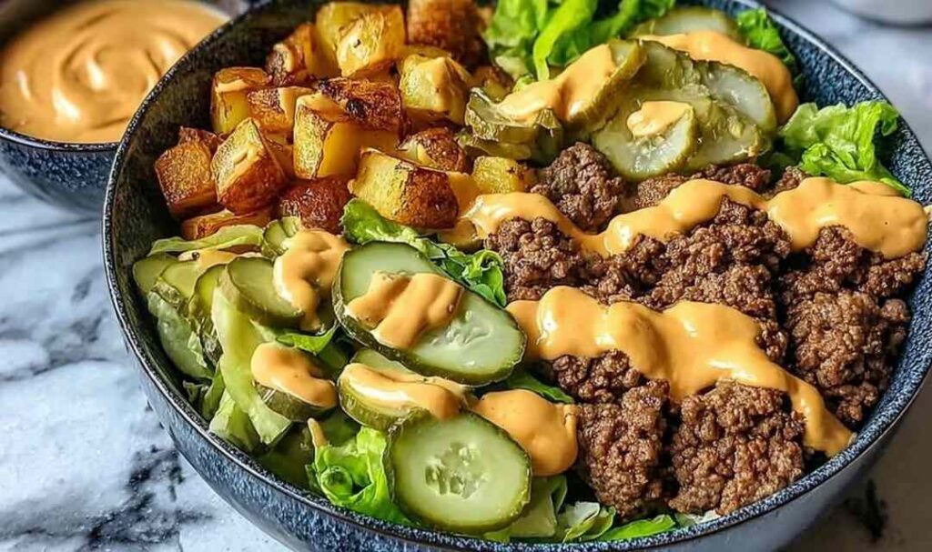 Burger bowl with juicy seasoned ground beef, chopped romaine lettuce, cherry tomatoes, dill pickles, shredded cheddar cheese, and creamy special sauce in a white bowl.