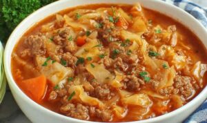 A bowl of cabbage roll soup with ground beef, rice, and tender cabbage in a rich tomato broth, topped with sour cream and fresh dill