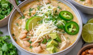 Cajun White Chicken Chili A bowl of Cajun white chicken chili topped with shredded cheese, sliced green onions, and sour cream