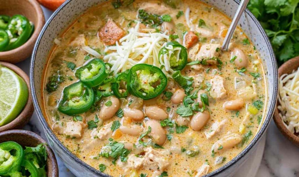 Cajun White Chicken Chili 5 A bowl of Cajun white chicken chili topped with shredded cheese, sliced green onions, and sour cream