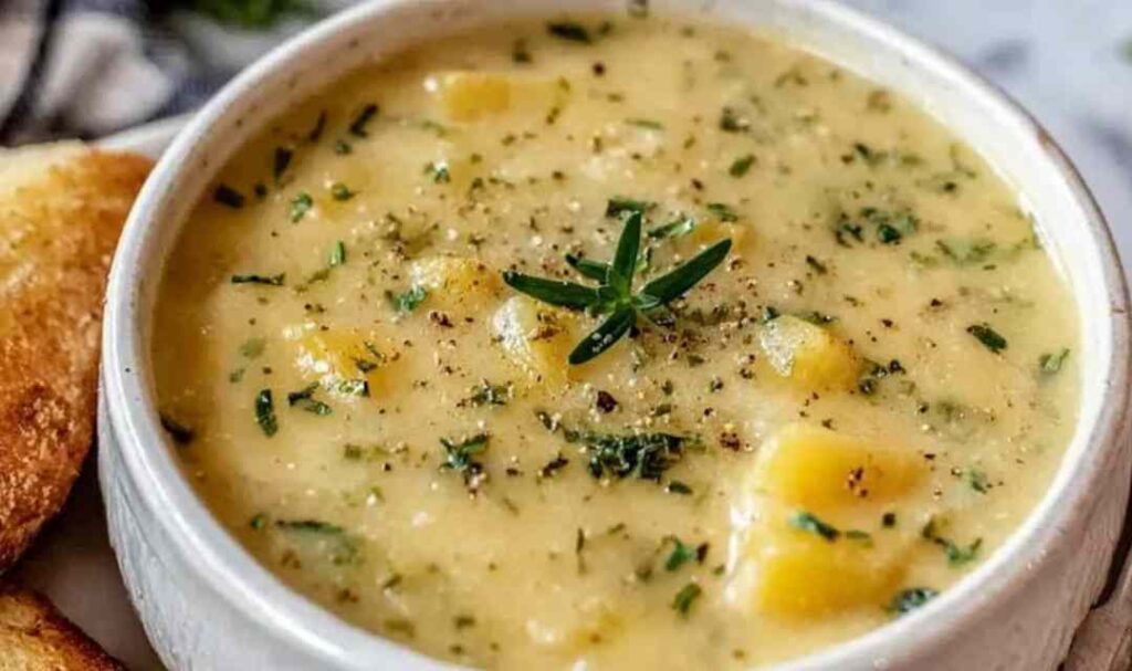A bowl of Cheddar Garlic Herb Potato Soup topped with fresh chives, parsley, and shredded cheddar cheese