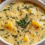A bowl of Cheddar Garlic Herb Potato Soup topped with fresh chives, parsley, and shredded cheddar cheese