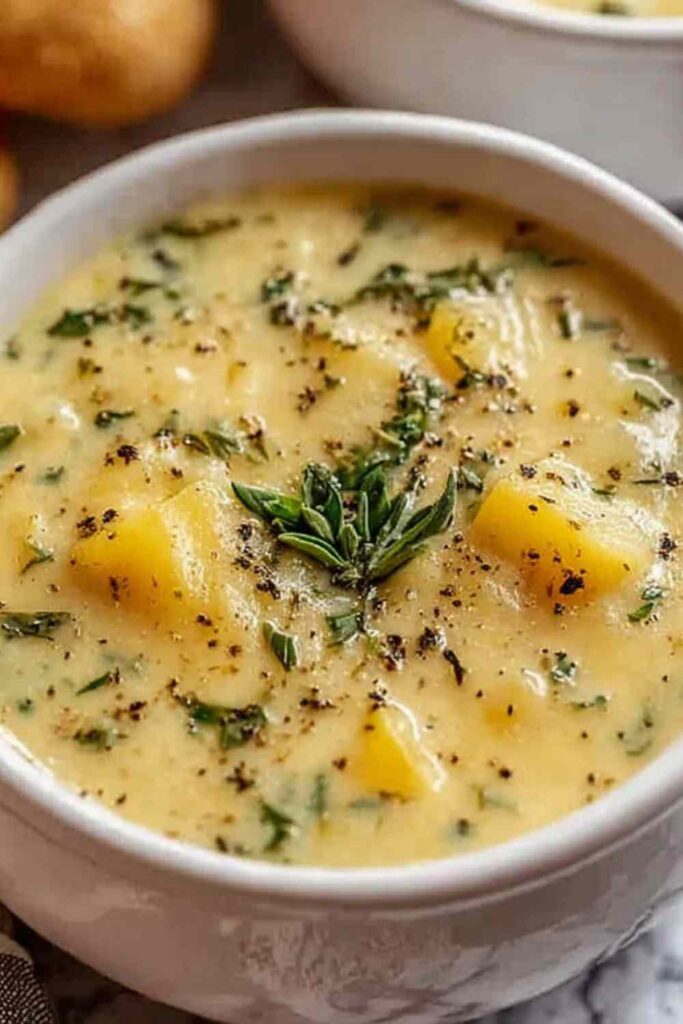 A bowl of Cheddar Garlic Herb Potato Soup topped with fresh chives, parsley, and shredded cheddar cheese