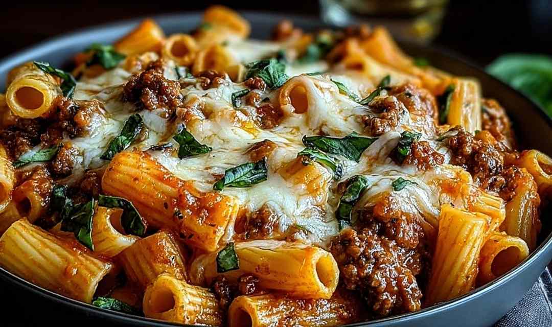 Cheesy Beef and Sausage Rigatoni Bake