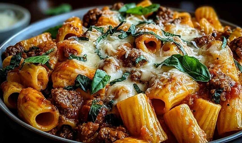 Cheesy beef and sausage rigatoni baked in a casserole dish with golden melted mozzarella on top