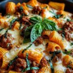 Cheesy beef and sausage rigatoni baked in a casserole dish with golden melted mozzarella on top