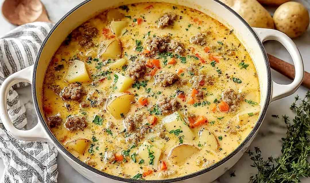 A bowl of cheesy sausage potato soup topped with shredded cheddar and fresh parsley