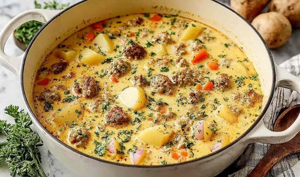 Cheesy Sausage Potato Soup 5 A bowl of cheesy sausage potato soup topped with shredded cheddar and fresh parsley