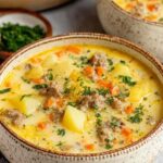 A bowl of cheesy sausage potato soup topped with shredded cheddar and fresh parsley