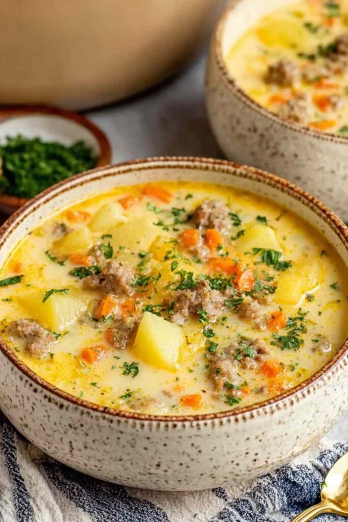 Cheesy Sausage Potato Soup 6 A bowl of cheesy sausage potato soup topped with shredded cheddar and fresh parsley