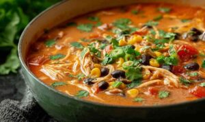 Chicken Enchilada Soup A bowl of chicken enchilada soup topped with shredded cheese, avocado slices, and fresh cilantro