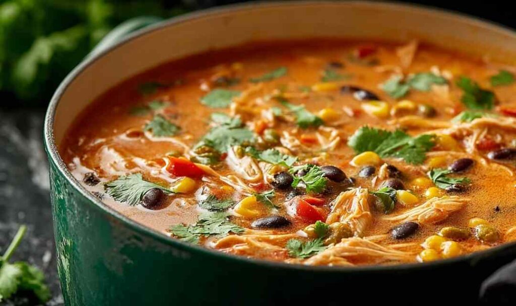 A bowl of chicken enchilada soup topped with shredded cheese, avocado slices, and fresh cilantro