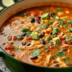 A bowl of chicken enchilada soup topped with shredded cheese, avocado slices, and fresh cilantro