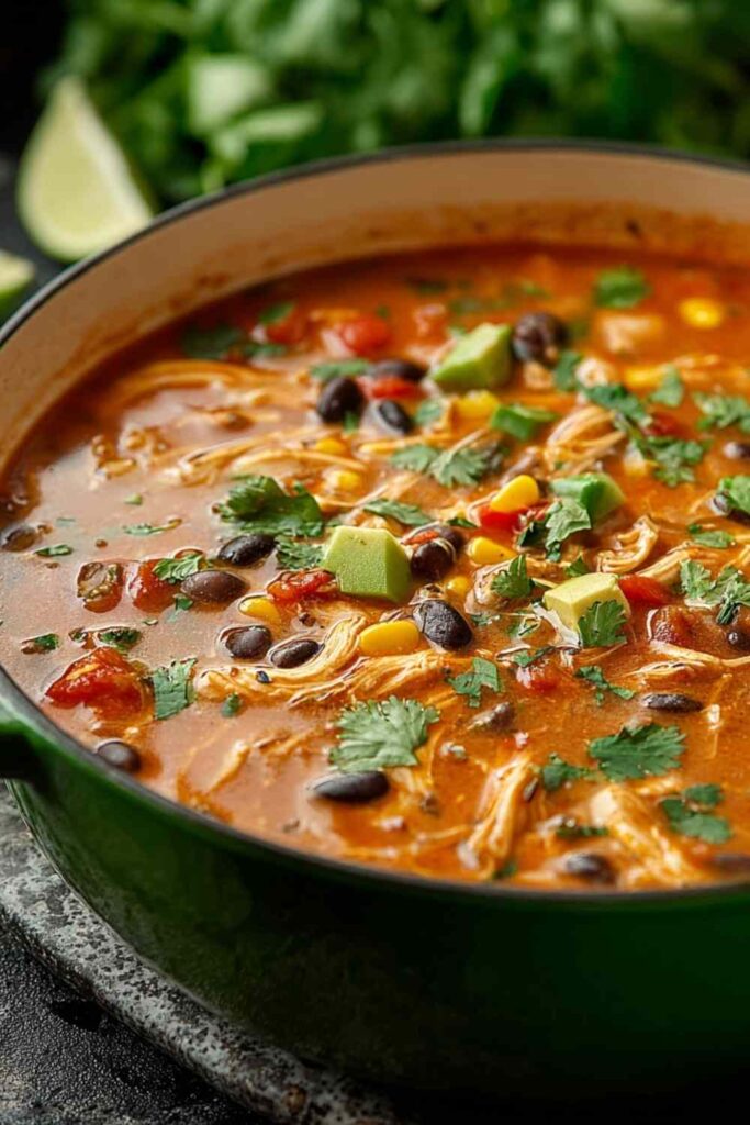 A bowl of chicken enchilada soup topped with shredded cheese, avocado slices, and fresh cilantro