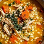 A bowl of chicken pastina soup with tiny pasta pearls, tender chicken pieces, and fresh parsley garnish