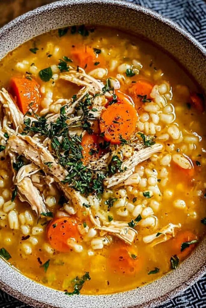 A bowl of chicken pastina soup with tiny pasta pearls, tender chicken pieces, and fresh parsley garnish