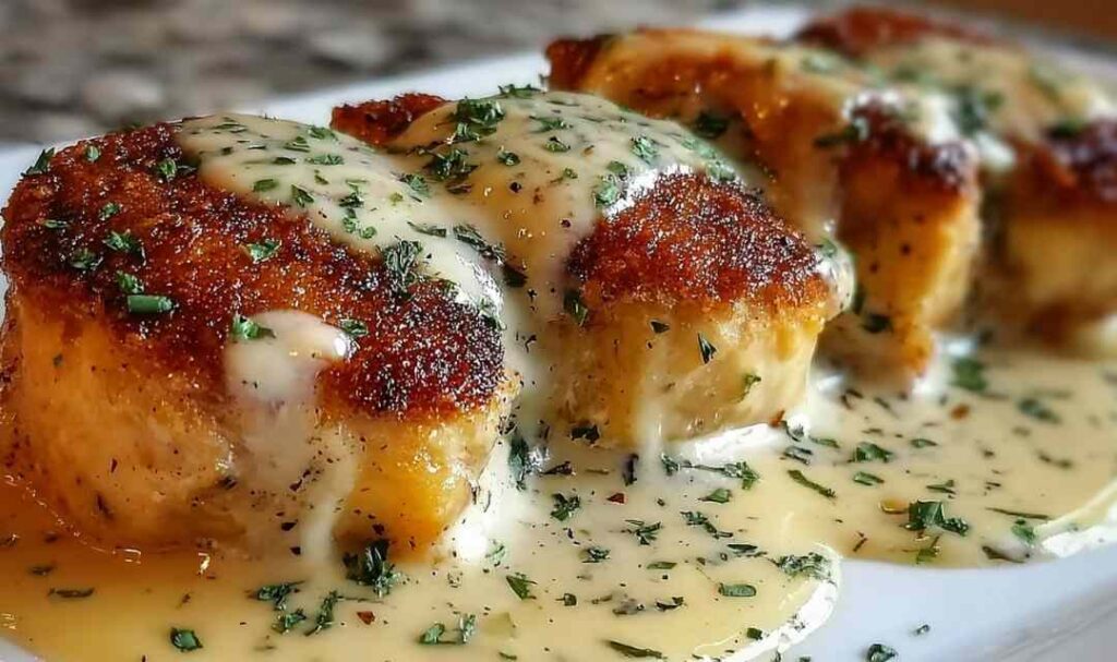 Decadent chicken pillows with garlic Parmesan sauce on a white plate garnished with fresh parsley