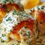 Decadent chicken pillows with garlic Parmesan sauce on a white plate garnished with fresh parsley