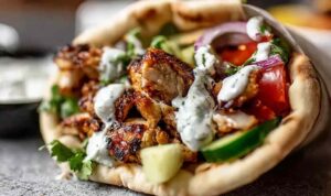 Chicken shawarma with garlic sauce served in pita with fresh vegetables