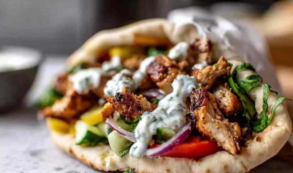 Chicken shawarma with garlic sauce served in pita with fresh vegetables
