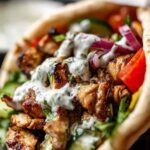 Chicken shawarma with garlic sauce served in pita with fresh vegetables