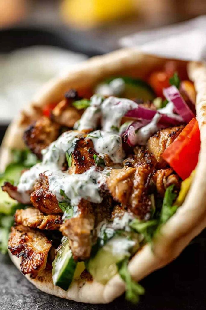 Chicken shawarma with garlic sauce served in pita with fresh vegetables