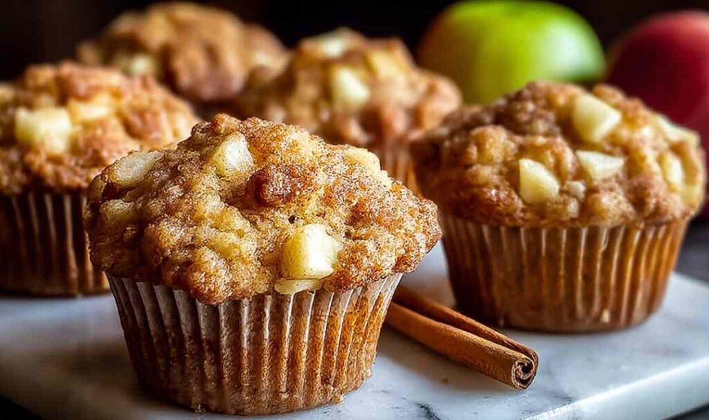Moist cinnamon apple muffins with crunchy cinnamon-sugar topping cooling on a wire rack