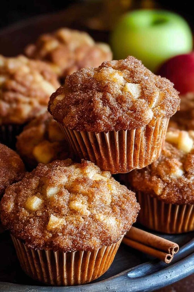 Moist cinnamon apple muffins with crunchy cinnamon-sugar topping cooling on a wire rack