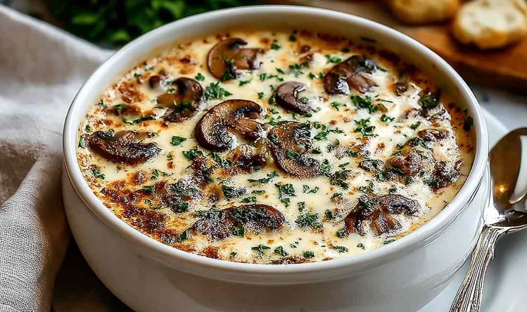Creamy cottage cheese mushroom soup in a white bowl garnished with fresh parsley