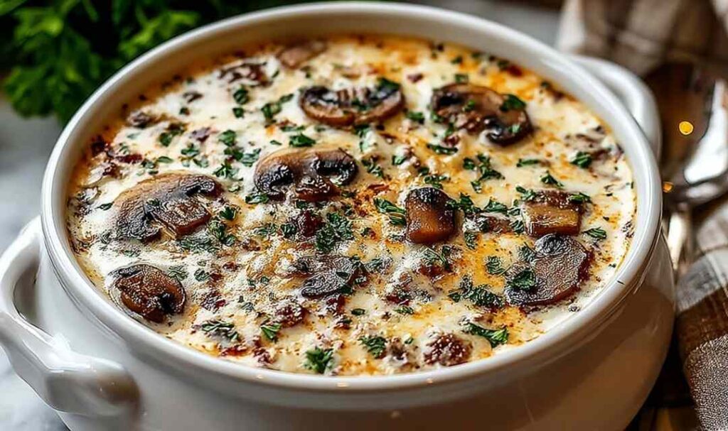 Creamy cottage cheese mushroom soup in a white bowl garnished with fresh parsley