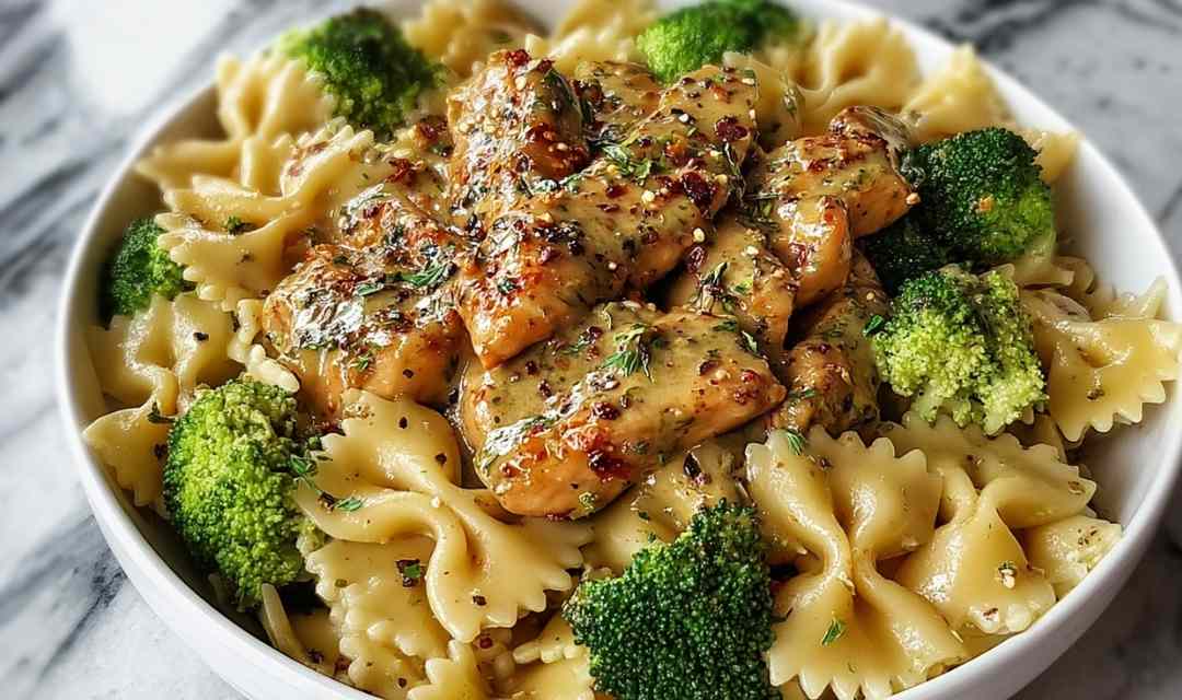 Cowboy Butter Lemon Bowtie Chicken in a skillet with fresh parsley and lemon wedges