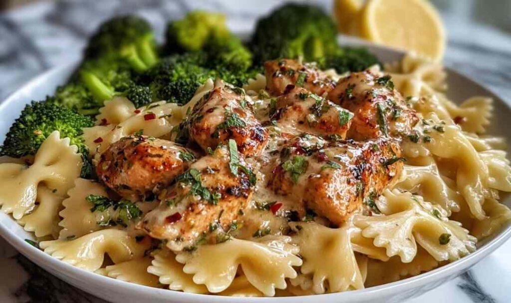 Cowboy Butter Lemon Bowtie Chicken in a skillet with fresh parsley and lemon wedges