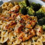 Cowboy Butter Lemon Bowtie Chicken in a skillet with fresh parsley and lemon wedges