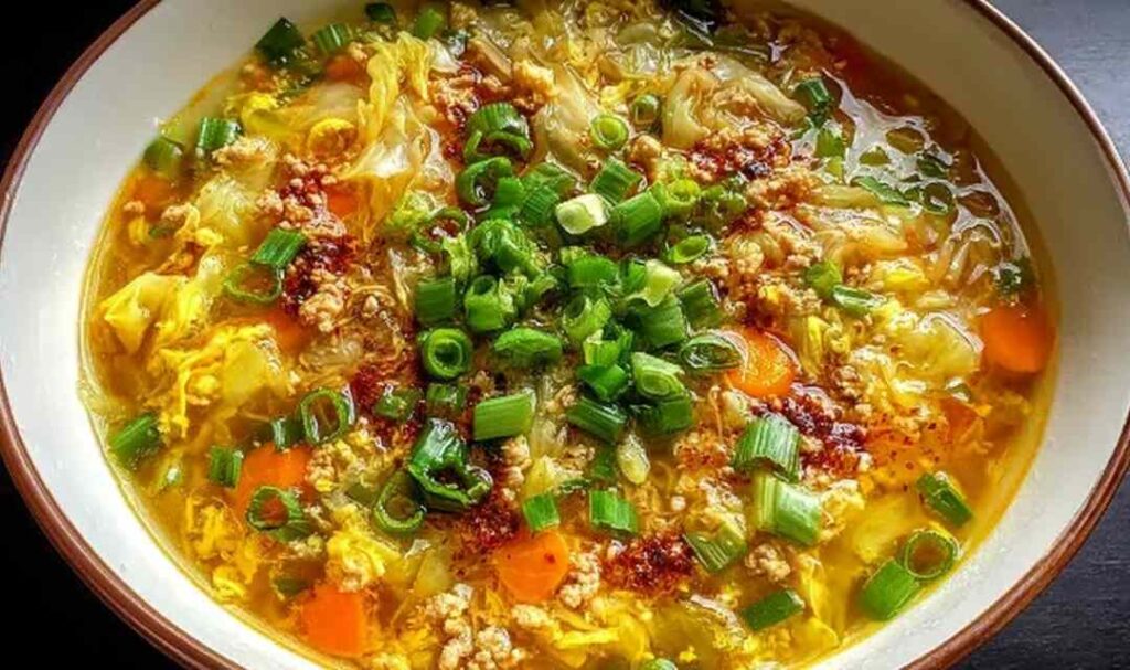 One pot egg roll soup with ground beef, cabbage, and green onions in a white bowl